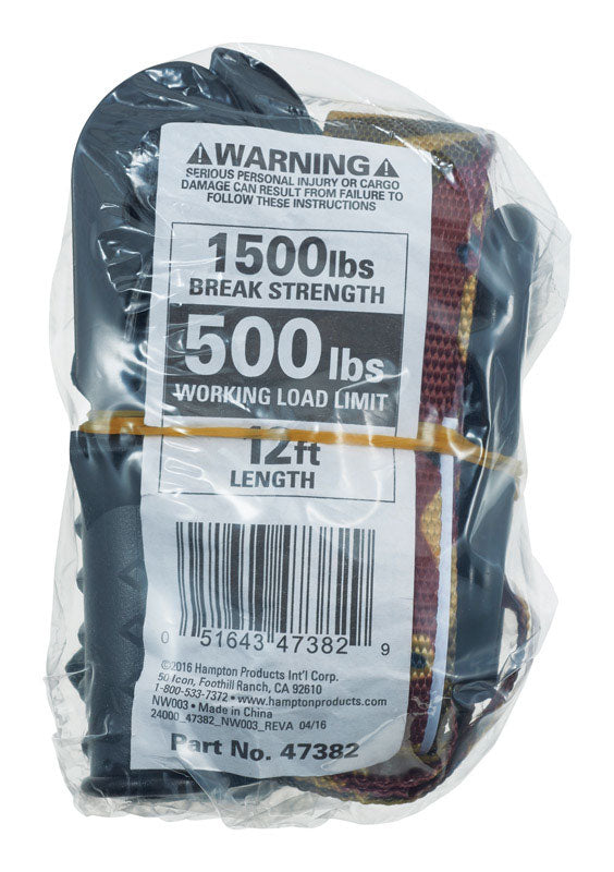 HAMPTON PRODUCTS INTERNATIONAL CORP, Keeper 1 in. W X 12 ft. L Multicolored Tie Down Strap 500 lb 1 pk