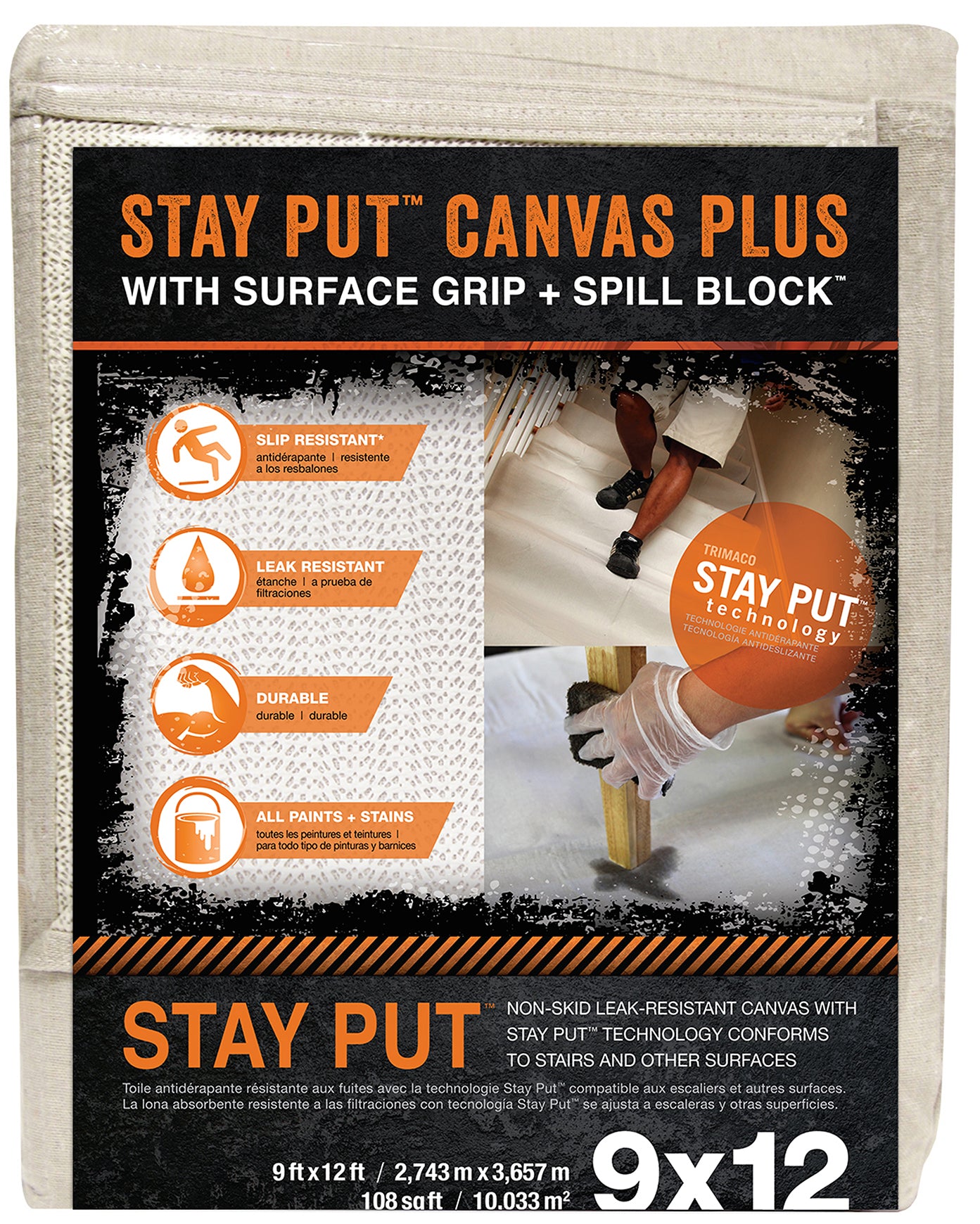 TRIMACO INC, Trimaco 04321 9' X 12' Cream Stay Put Canvas Plus With Surface Grip & Spill Block