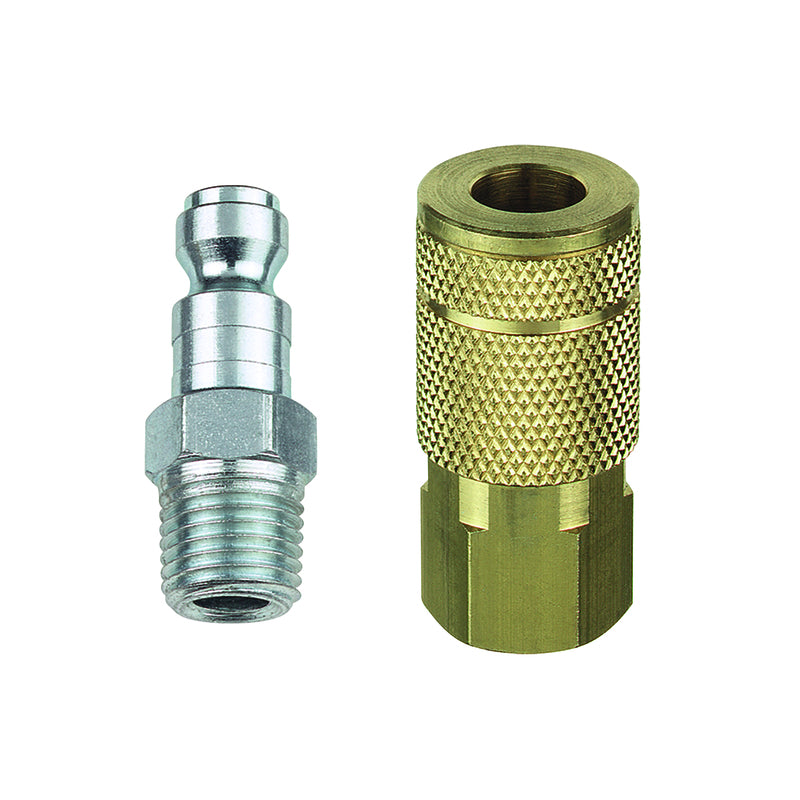 HIGHLINE WARREN LLC, Tru-Flate Brass/Steel Air Coupler and Plug Set 1/4 in. T-Style X 1/4 in. FPT 2 pc